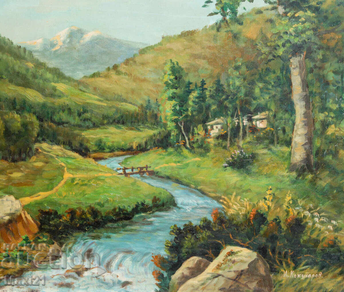 Παράδοση Ορεινό τοπίο κοιλάδας με ποτάμι, πίνακας, ελαιογραφία