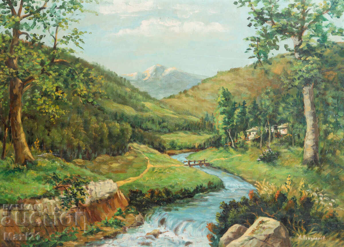 Ορεινό τοπίο κοιλάδας με ποτάμι, πίνακας, ελαιογραφία