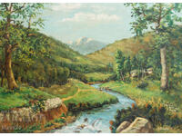 Landscape of a mountain valley with a river, painting, oil paints