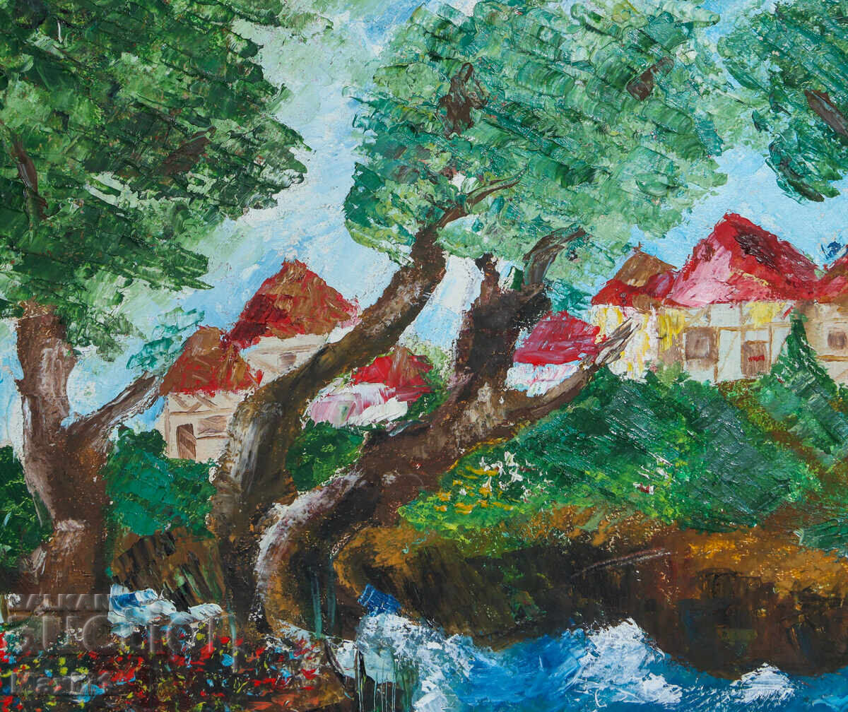 Δημοπρασία Φολκλόρ τοπίο χωριού κοντά σε ποτάμι, ελαιογραφία