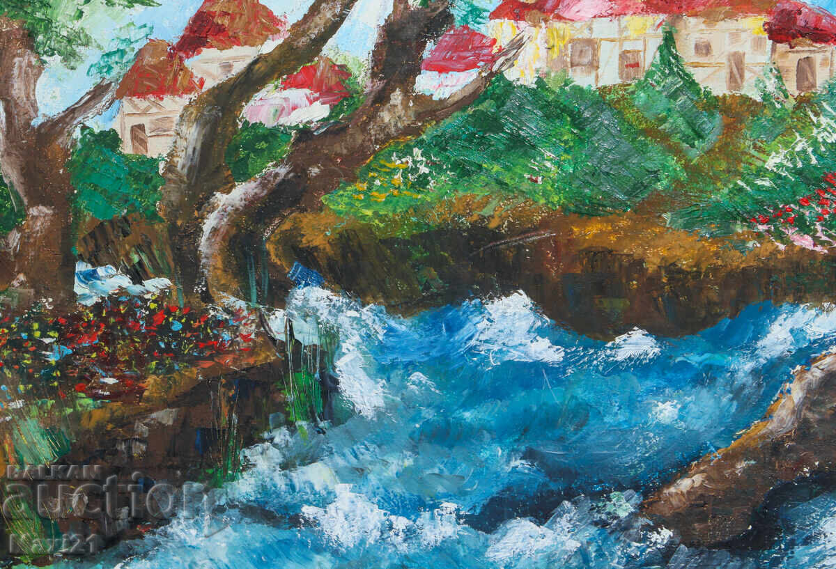 Παράδοση Φολκλόρ τοπίο χωριού κοντά σε ποτάμι, ελαιογραφία