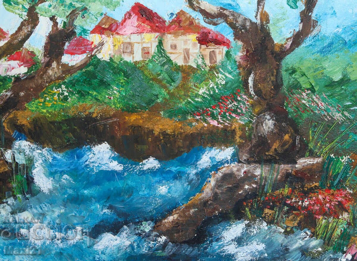 Φολκλόρ τοπίο χωριού κοντά σε ποτάμι, ελαιογραφία - 5