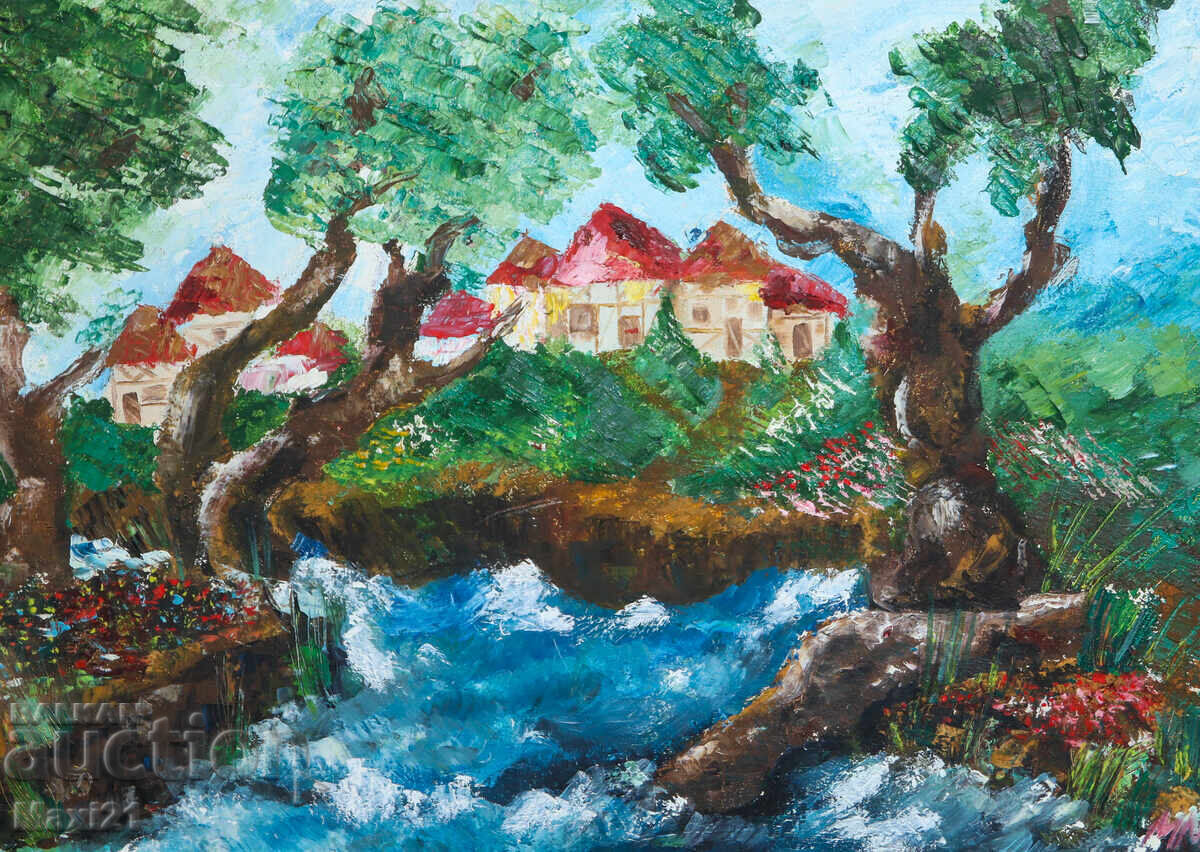 Φολκλόρ τοπίο χωριού κοντά σε ποτάμι, ελαιογραφία