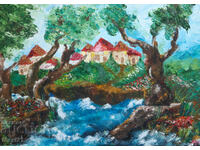 Folk landscape village near river painting oil paints