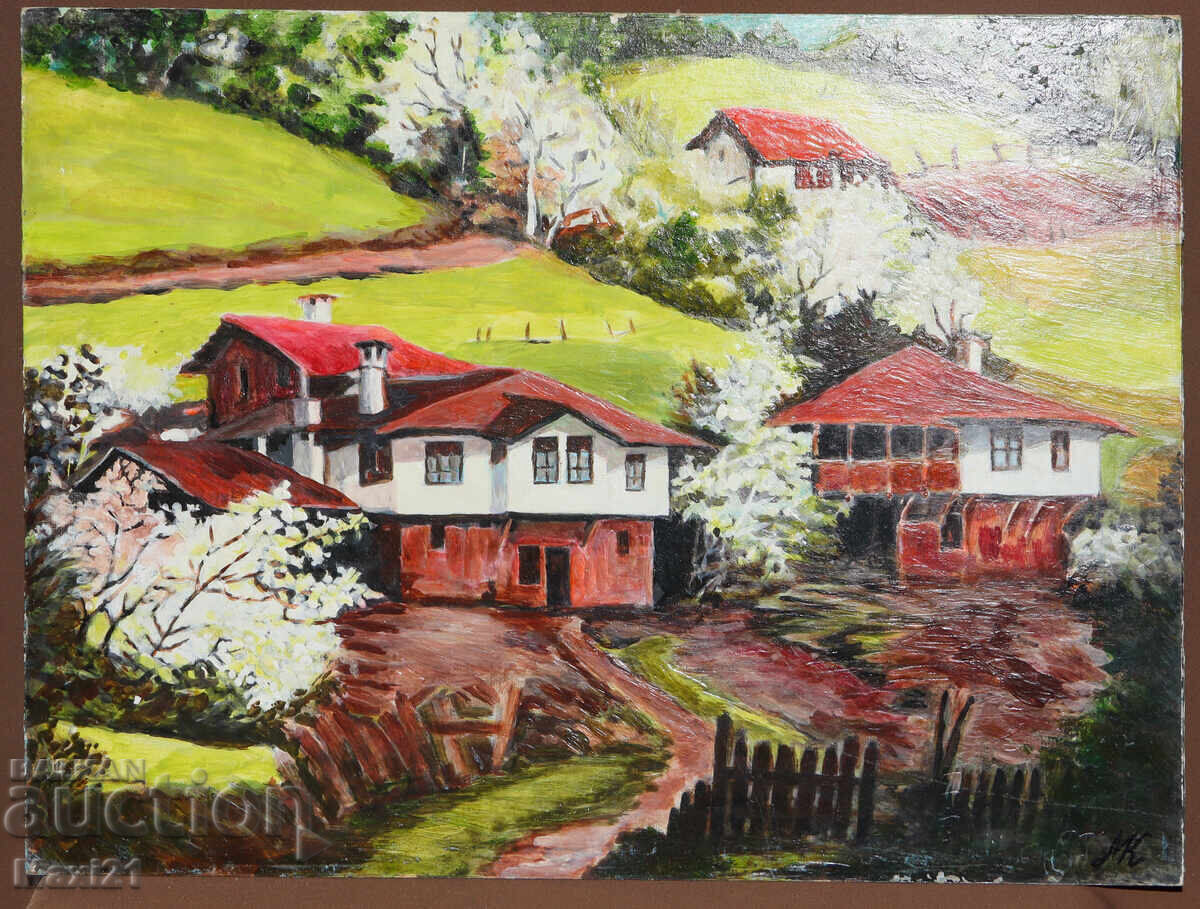 Oil painting, folk landscape, village houses with price 200.00 BGN | € 102.26