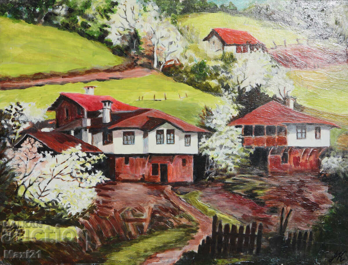 Auction  Oil painting, folk landscape, village houses