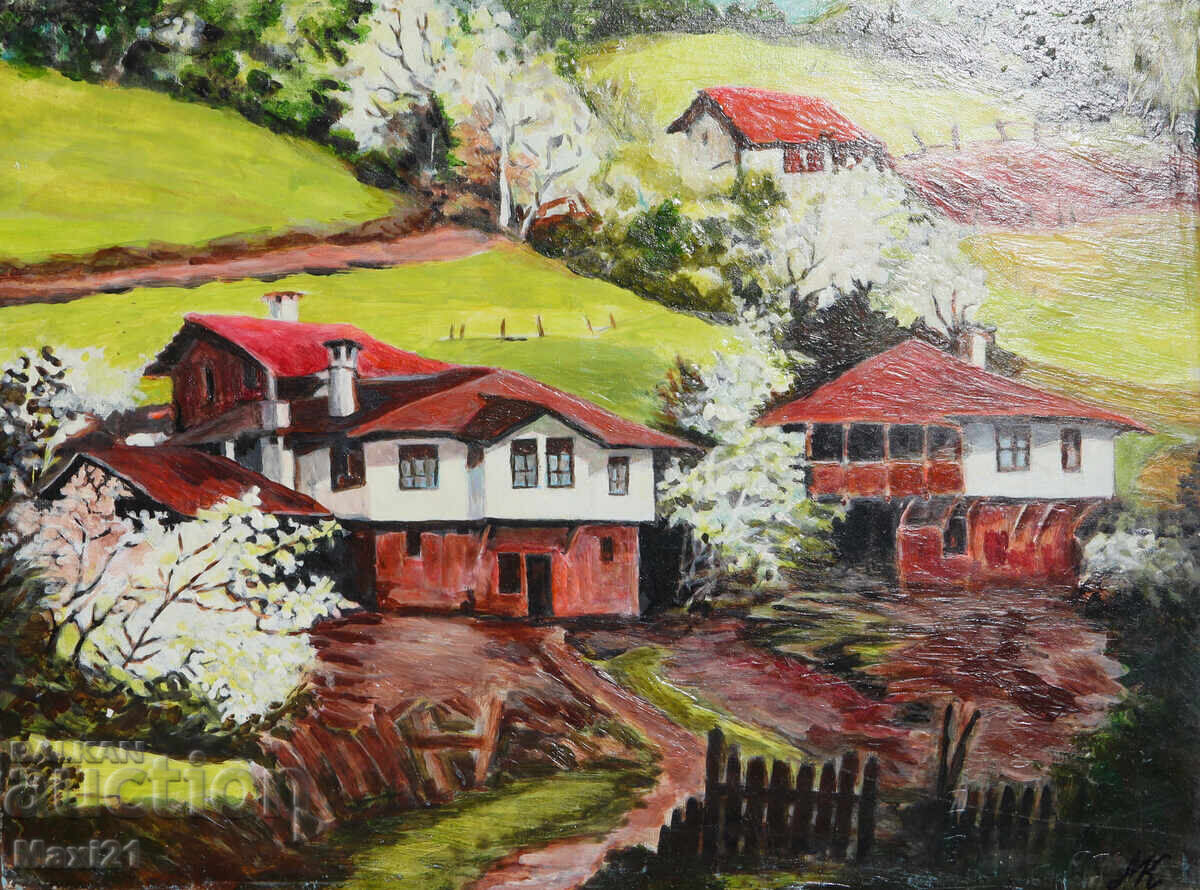 Oil painting, folk landscape, village houses