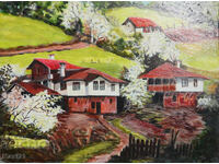 Oil painting, folk landscape, village houses