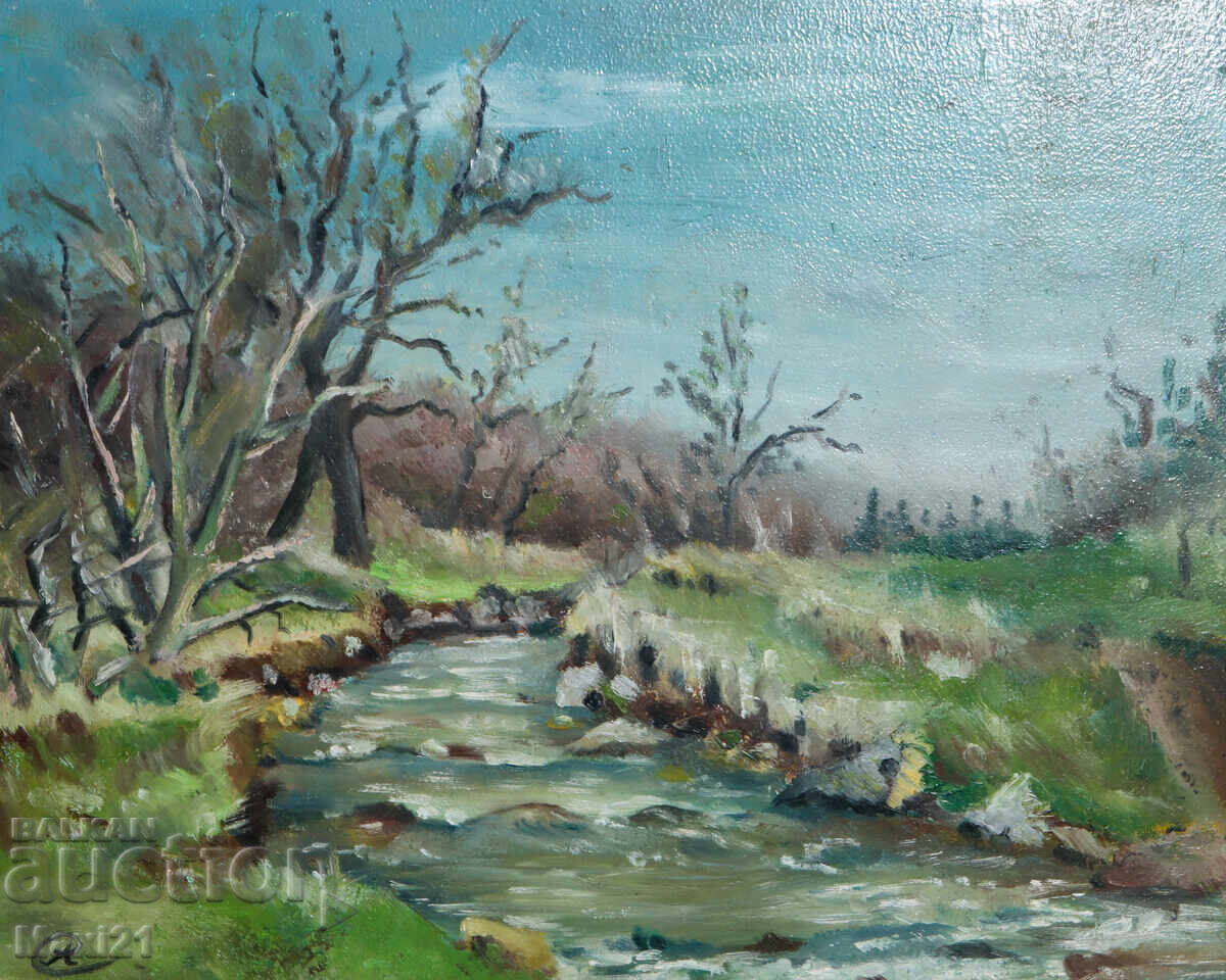 Auction  River landscape painting oil paints