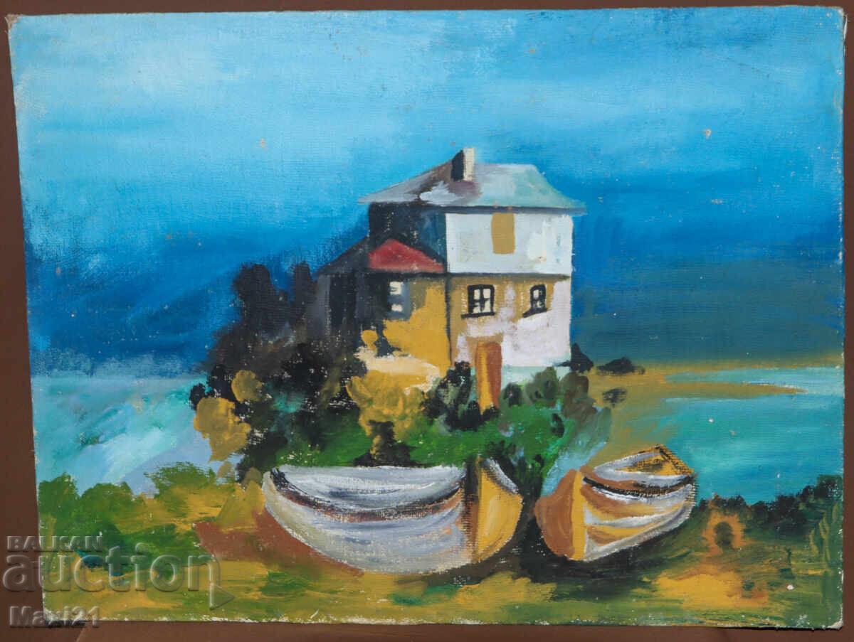 Landscape house with fishing boats painting oil paints with price 220.00 BGN | € 112.48