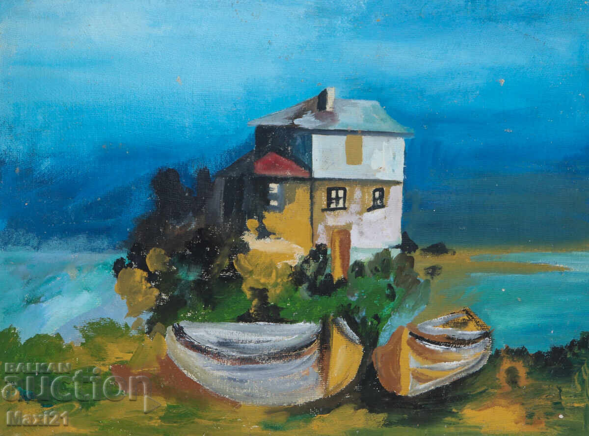 Auction  Landscape house with fishing boats painting oil paints