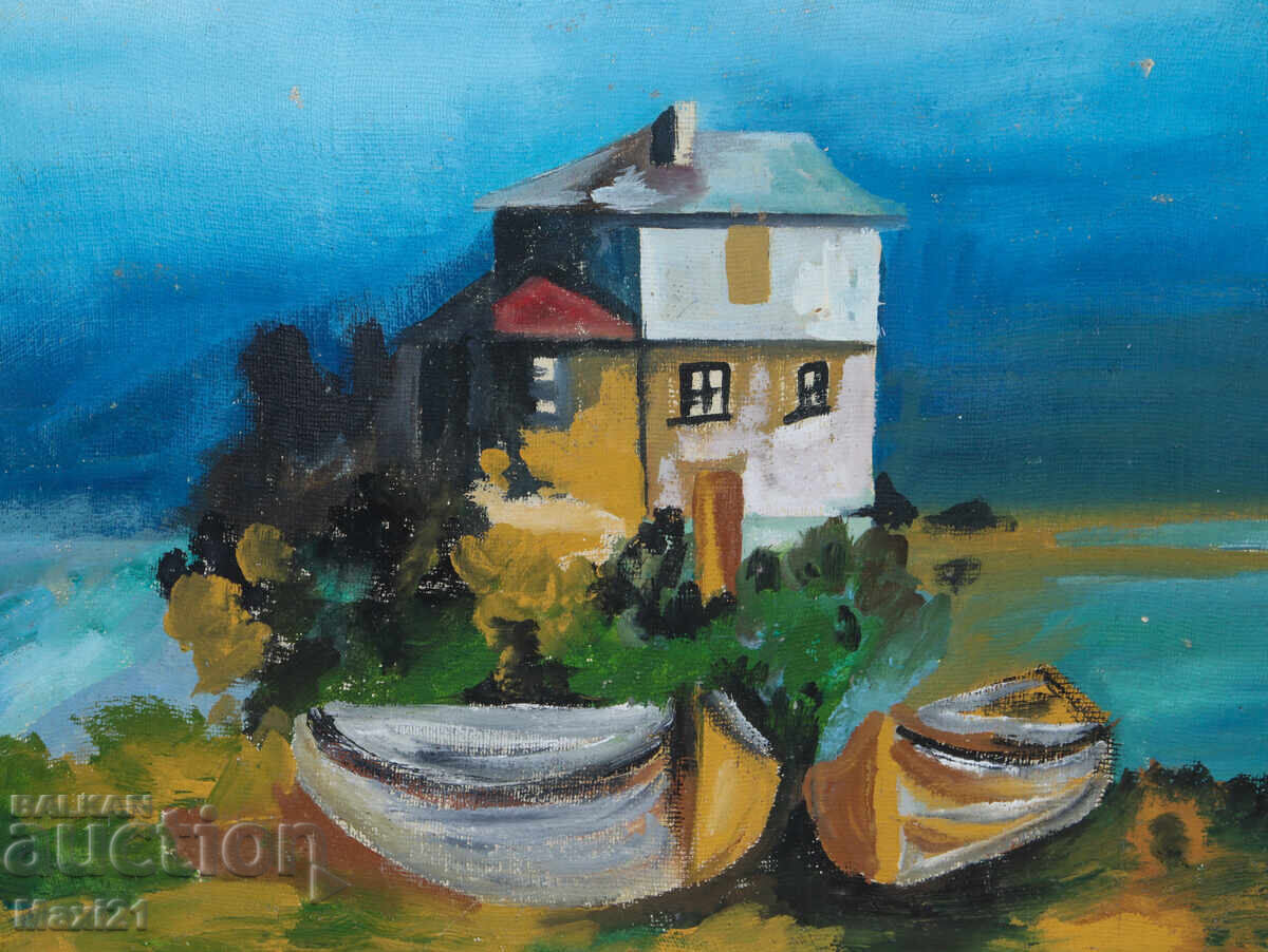 Landscape house with fishing boats painting oil paints - 5