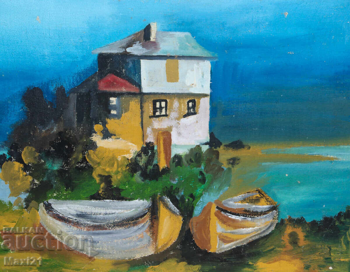 Landscape house with fishing boats painting oil paints - 6
