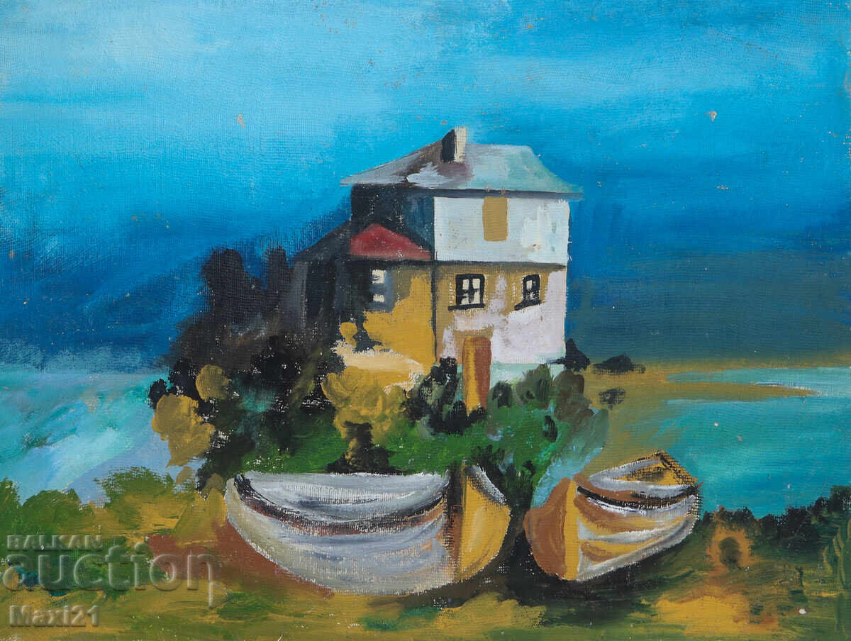 Landscape house with fishing boats painting oil paints