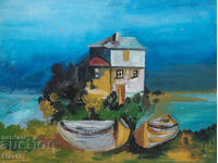 Landscape house with fishing boats painting oil paints