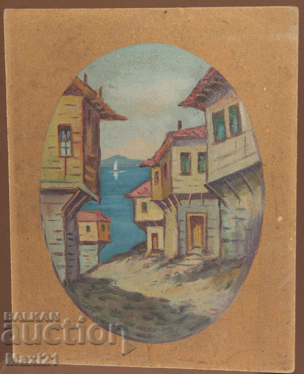 Landscape of Revival houses on the seashore, old oil painting with price 250.00 BGN | € 127.82 Landscape of Revival houses on the seashore, old oil painting with price 250.00 BGN | € 127.82