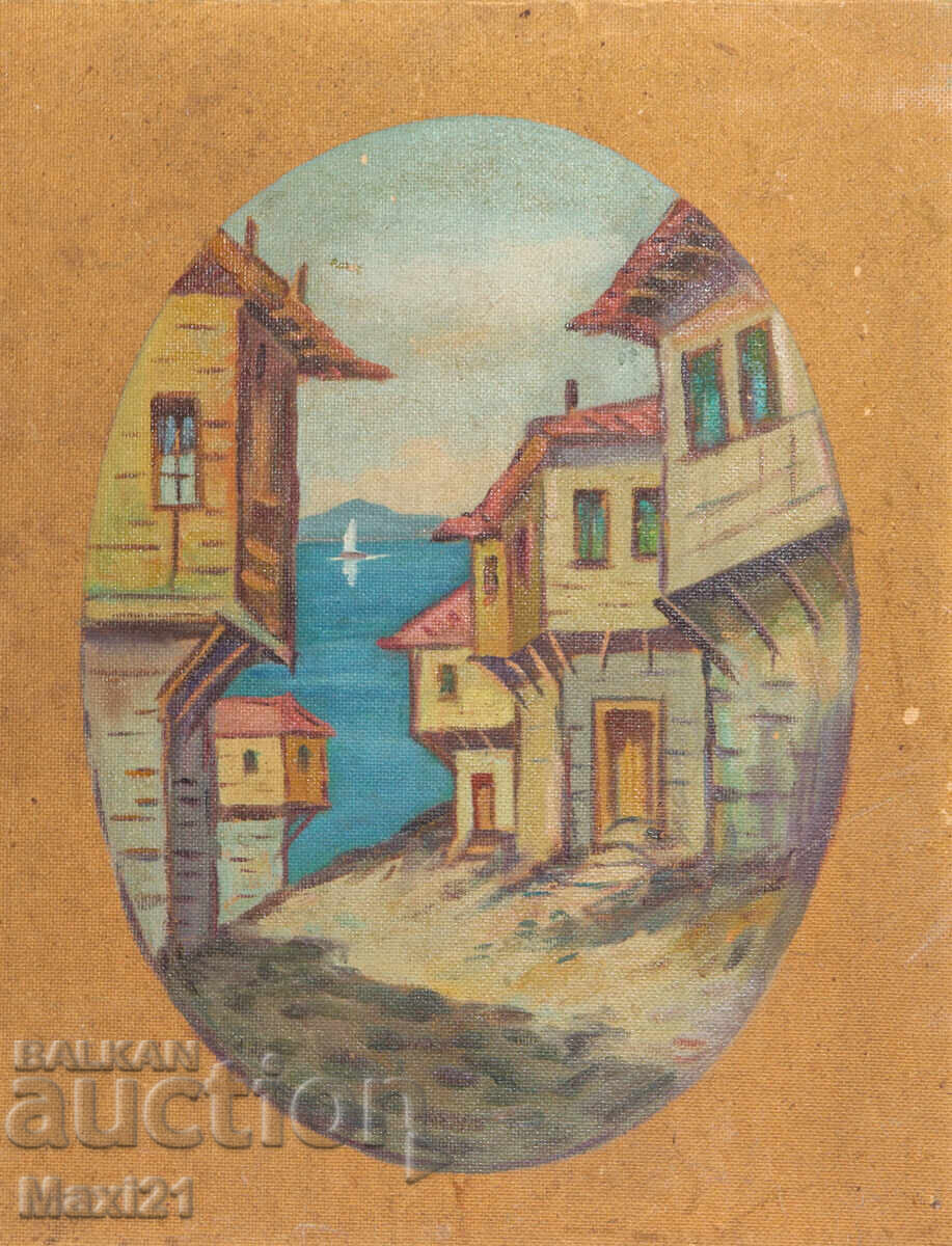 Auction Landscape of Revival houses on the seashore, old oil painting Auction Landscape of Revival houses on the seashore, old oil painting