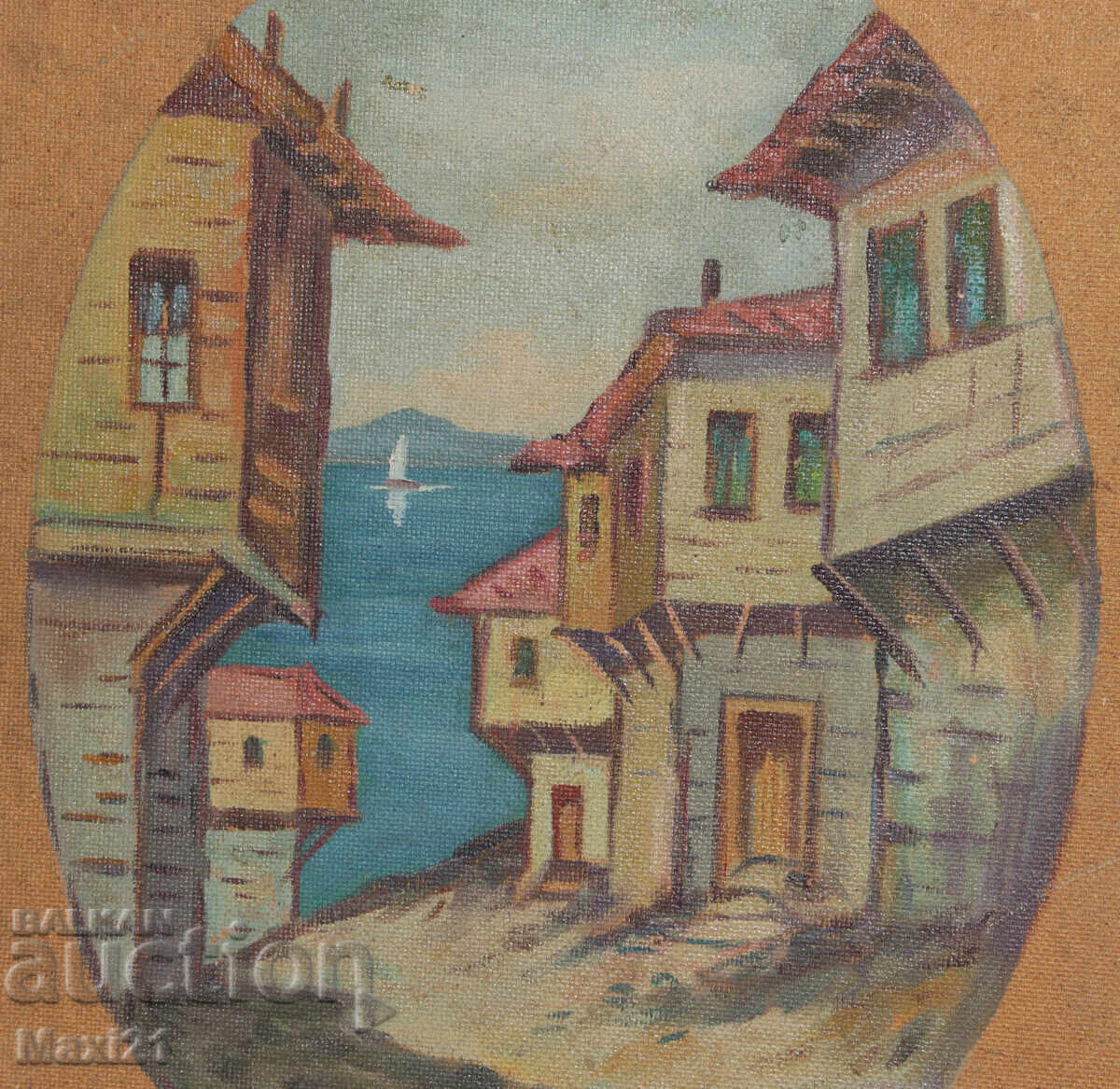 Delivery of Landscape of Revival houses on the seashore, old oil painting Delivery of Landscape of Revival houses on the seashore, old oil painting