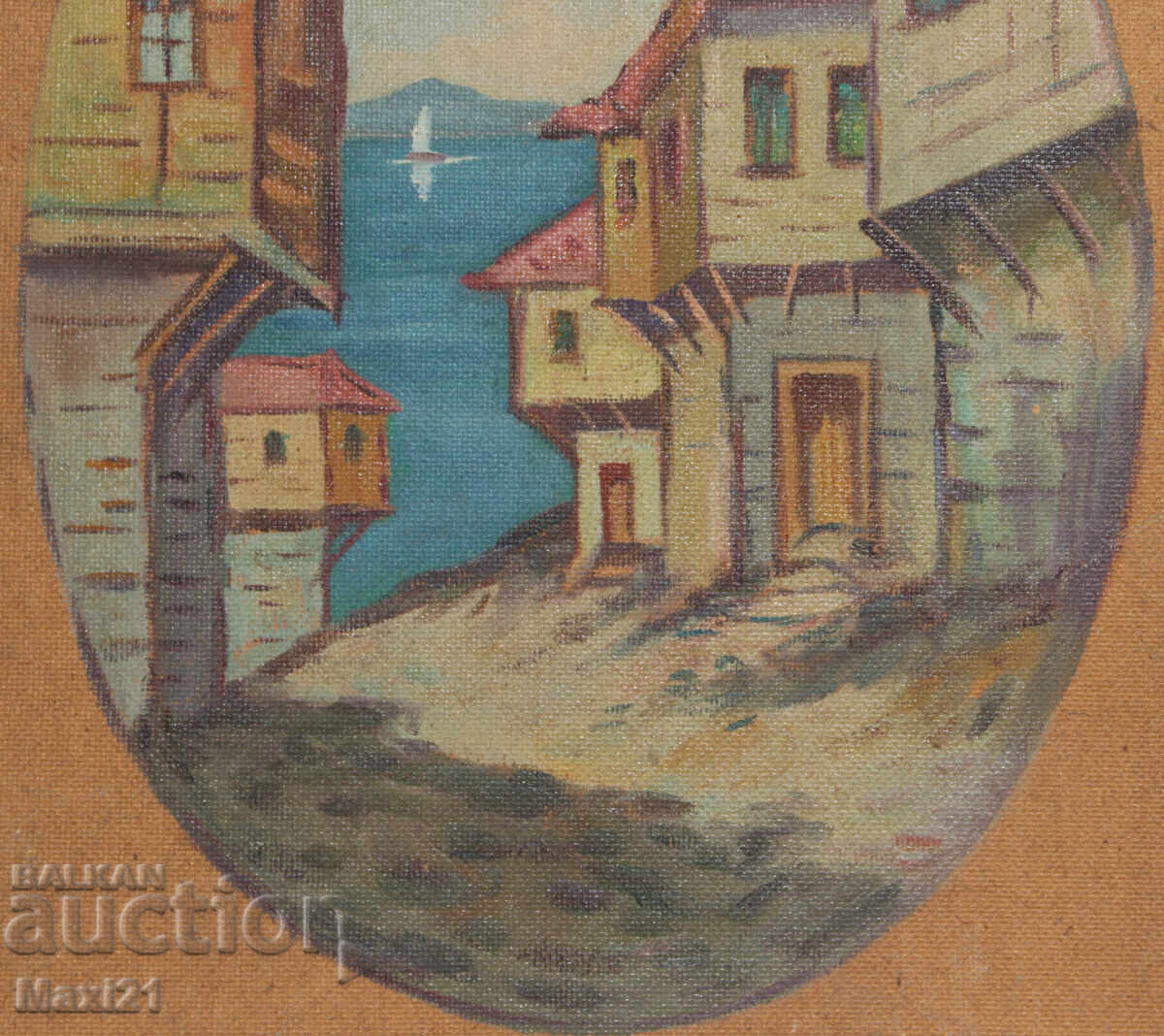 Landscape of Revival houses on the seashore, old oil painting - 5 Landscape of Revival houses on the seashore, old oil painting - 5