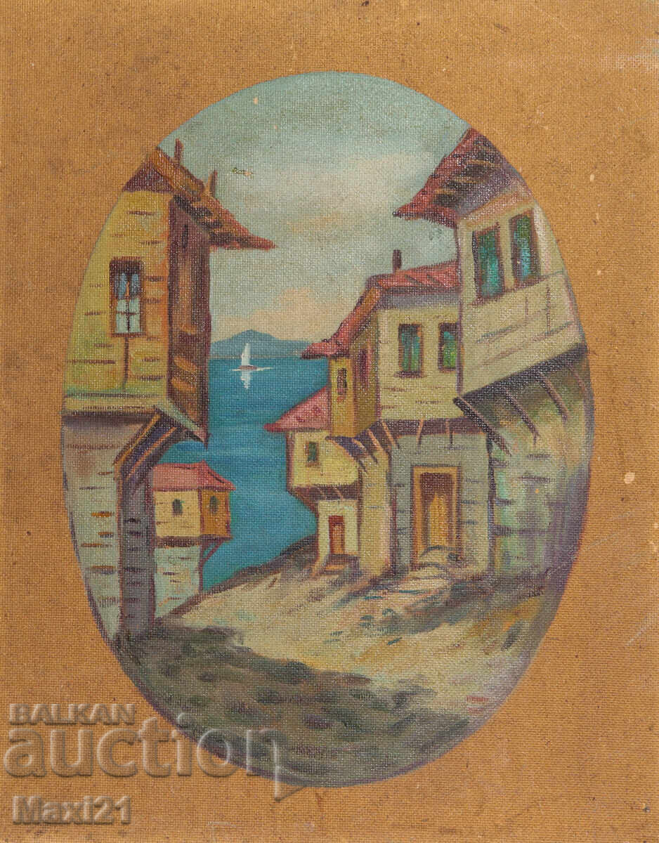 Landscape of Revival houses on the seashore, old oil painting Landscape of Revival houses on the seashore, old oil painting