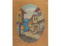 Пейзаж възрожденски къщи на морския бряг стара картина масло