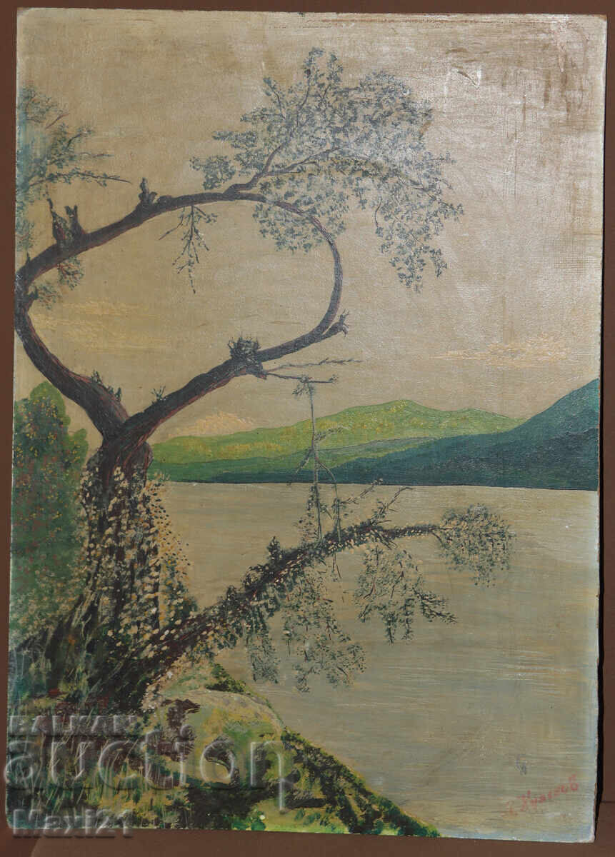 Παλιό ιμπρεσιονιστικό ελαιογραφία, τοπίο ποταμού με τιμή 300.00 BGN | € 153.39