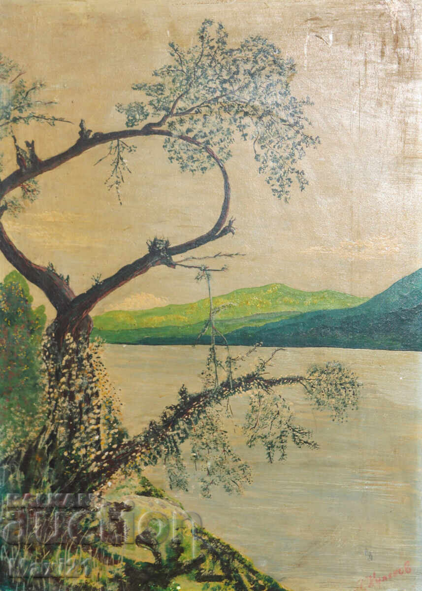 Παλιό ιμπρεσιονιστικό ελαιογραφία, τοπίο ποταμού