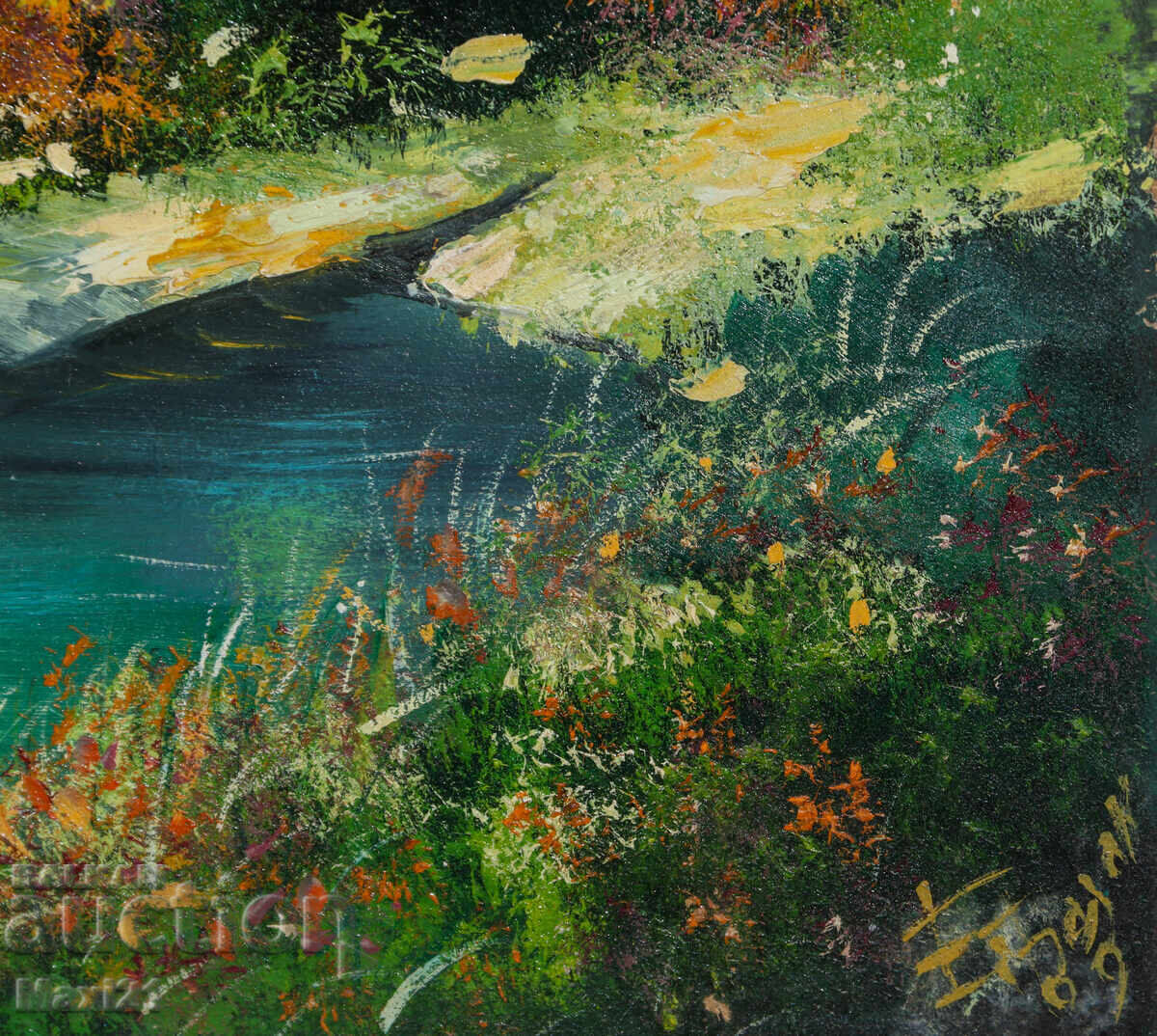 Oil painting beautiful river landscape with boat 2009 with price 240.00 BGN | € 122.71