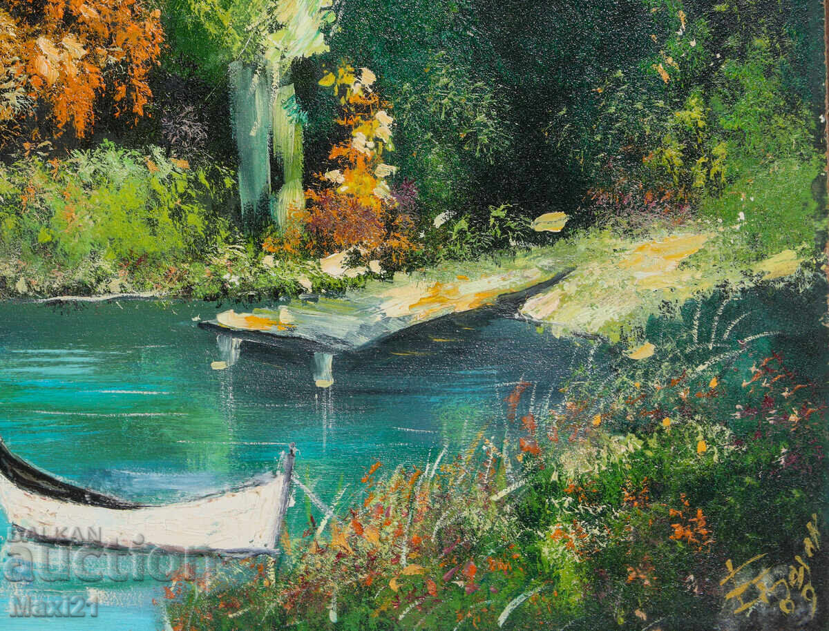 Delivery of Oil painting beautiful river landscape with boat 2009