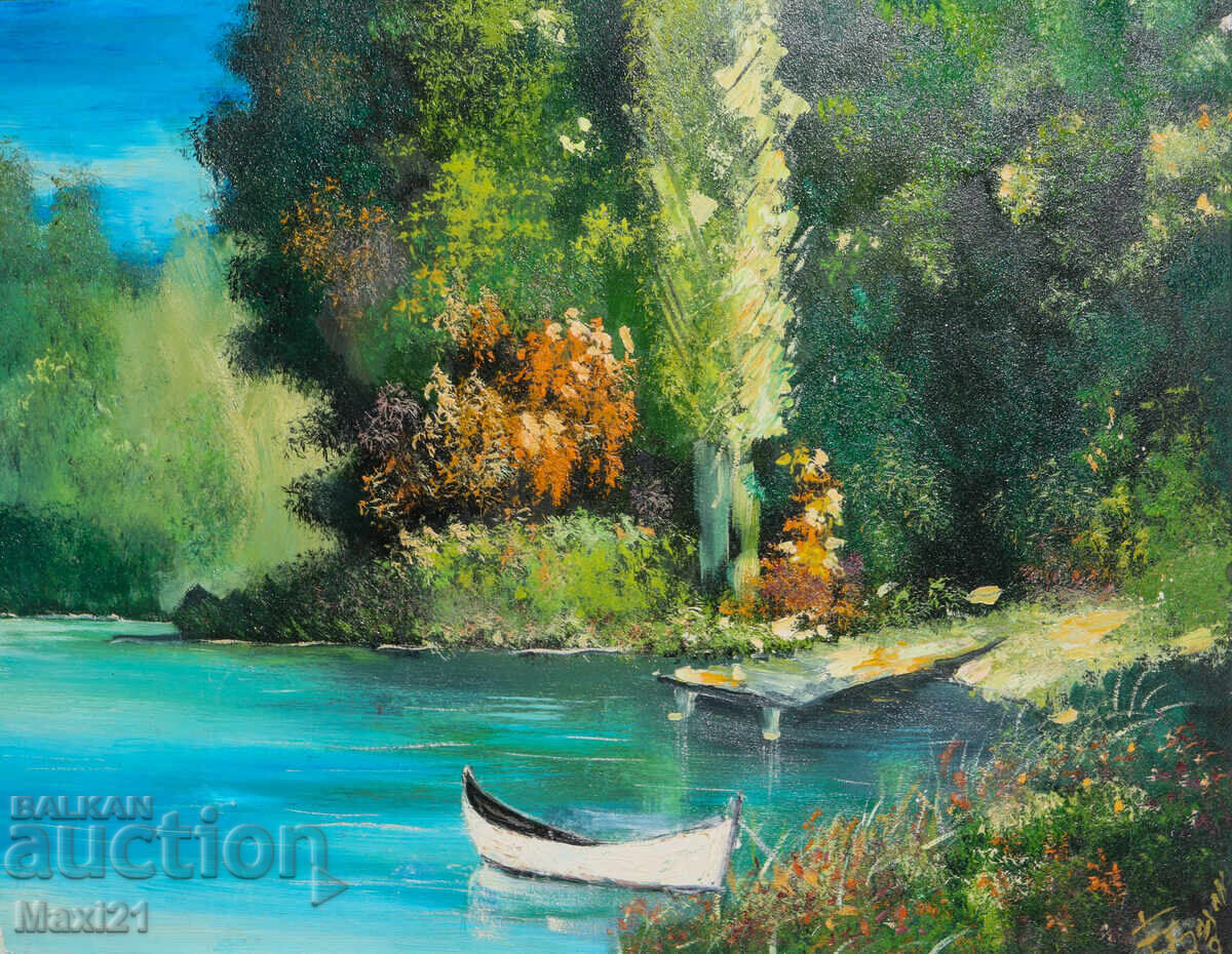 Oil painting beautiful river landscape with boat 2009