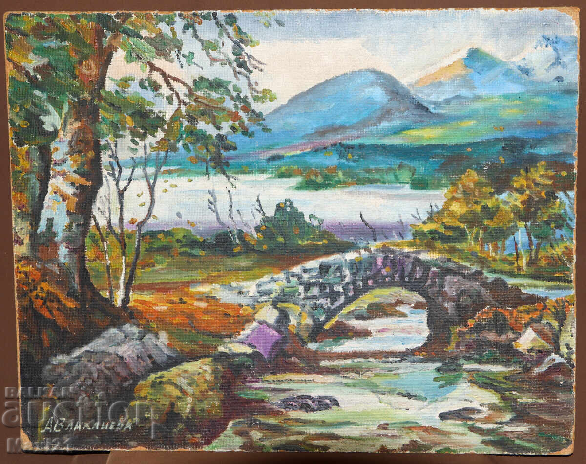 Маслена картина, красив речен пейзаж с мост, подписана с цена 250.00 лв. | € 127.82 Маслена картина, красив речен пейзаж с мост, подписана с цена 250.00 лв. | € 127.82