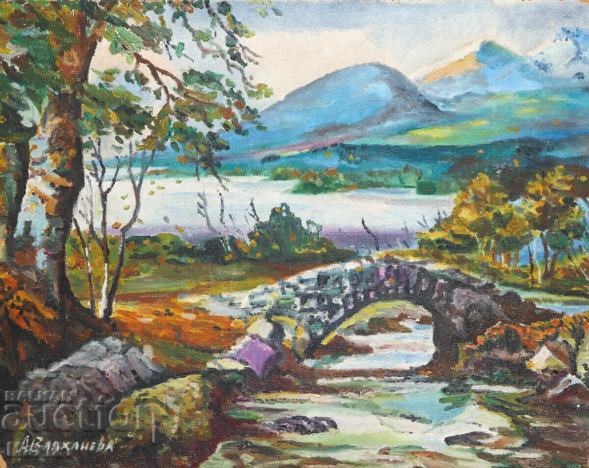 Аукцион Маслена картина, красив речен пейзаж с мост, подписана Аукцион Маслена картина, красив речен пейзаж с мост, подписана