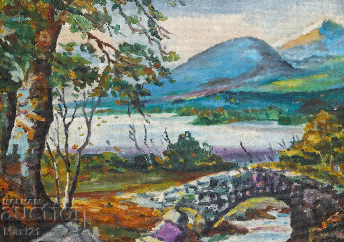 Маслена картина, красив речен пейзаж с мост, подписана - 5 Маслена картина, красив речен пейзаж с мост, подписана - 5