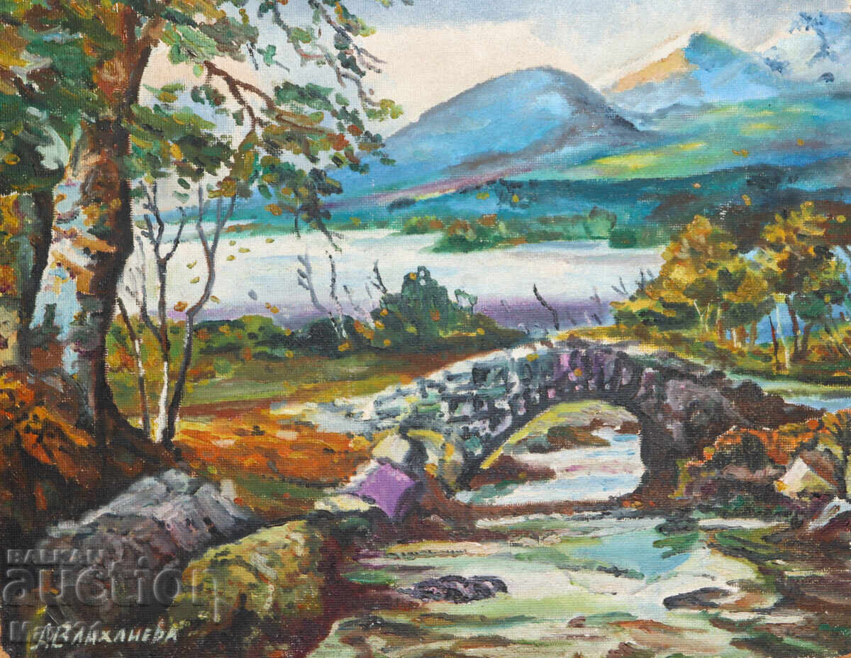 Маслена картина, красив речен пейзаж с мост, подписана Маслена картина, красив речен пейзаж с мост, подписана