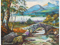 Pictură în ulei, peisaj frumos de râu cu pod, semnată