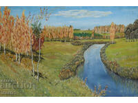 Pictură în ulei, peisaj frumos de râu