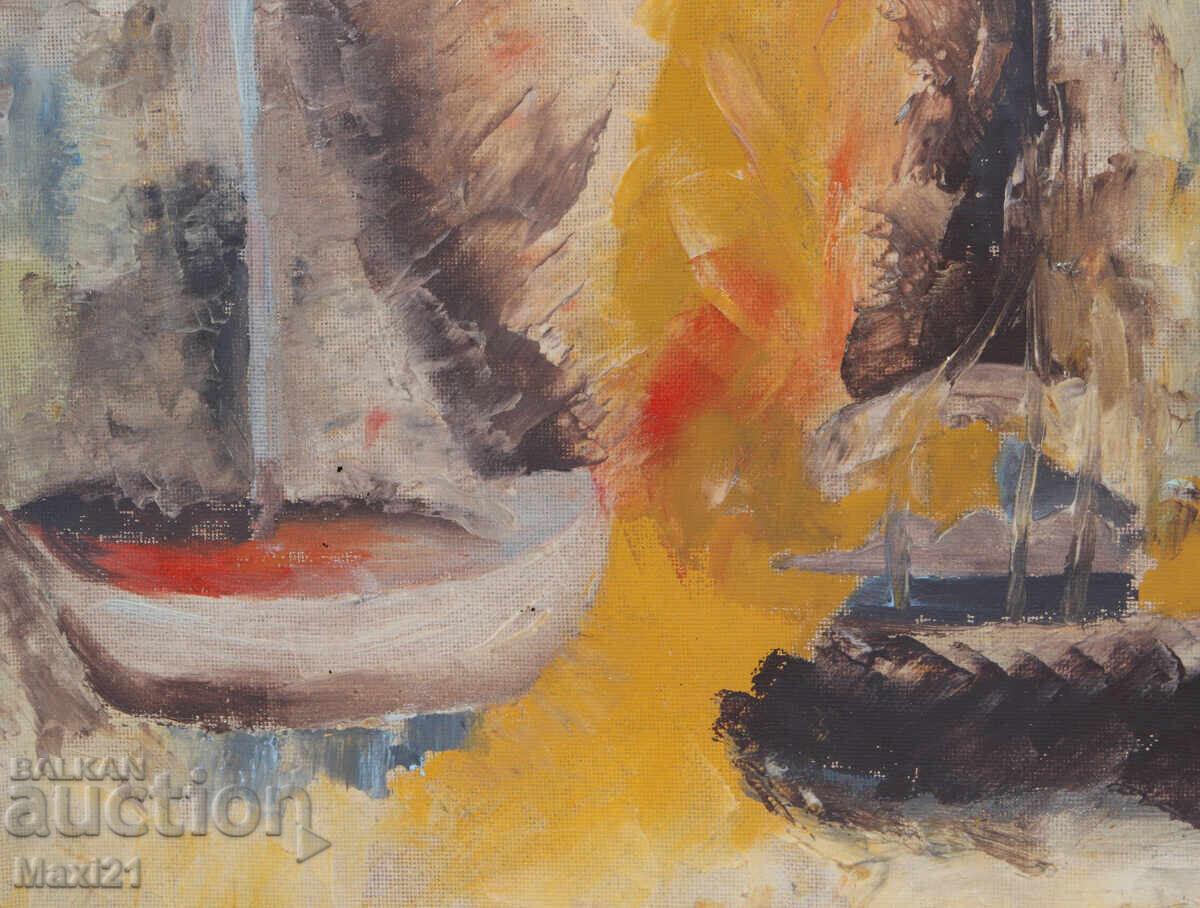 Παράδοση Ελαιογραφία, τοπίο με βάρκα