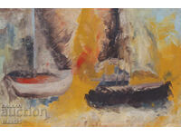 Tablou în ulei, peisaj cu bărci