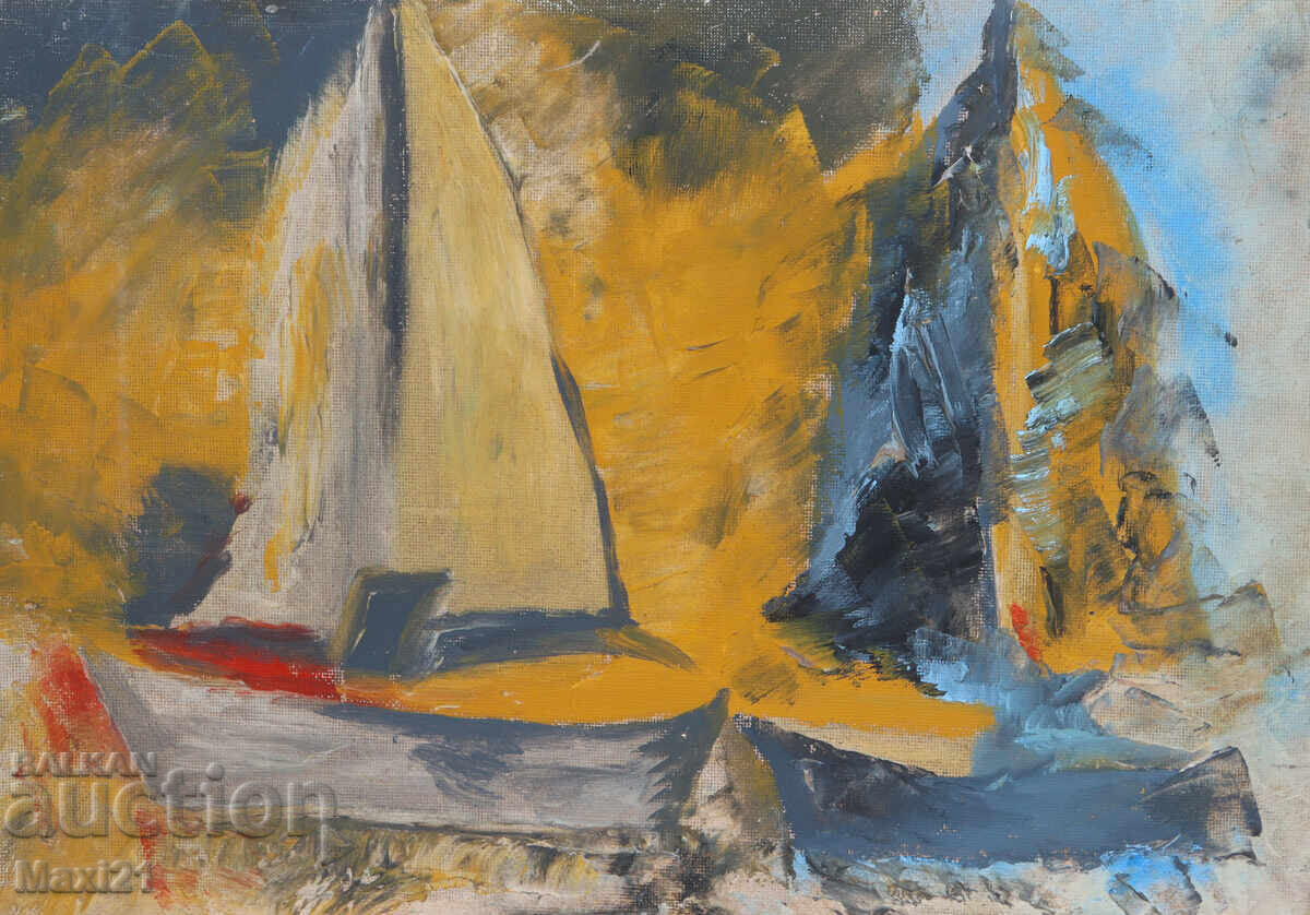 Маслена картина, пейзаж с лодки