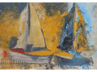 Tablou în ulei, peisaj cu bărci