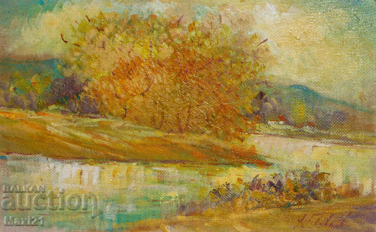 Auction  Oil painting beautiful river landscape autumn signed