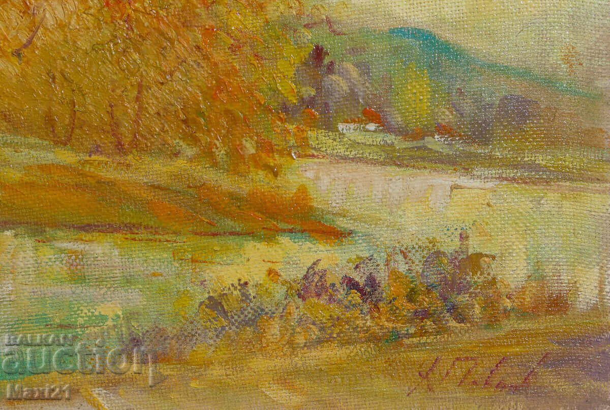 Oil painting beautiful river landscape autumn signed - 5