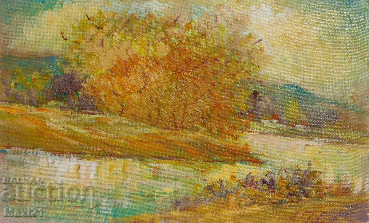 Oil painting beautiful river landscape autumn signed