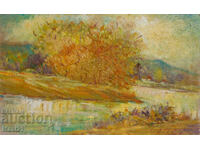 Ελαιογραφία όμορφου ποτάμιου τοπίου φθινοπωρινή υπογεγραμμένη