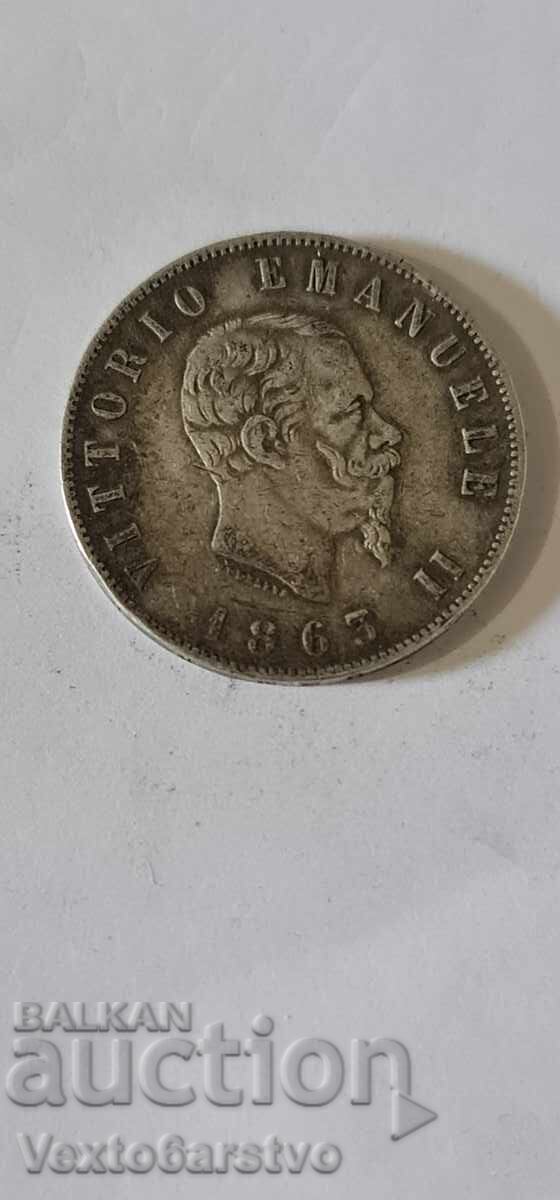 Coin - ITALY - 2 Lire 1863 - UNC - 5 Coin - ITALY - 2 Lire 1863 - UNC - 5