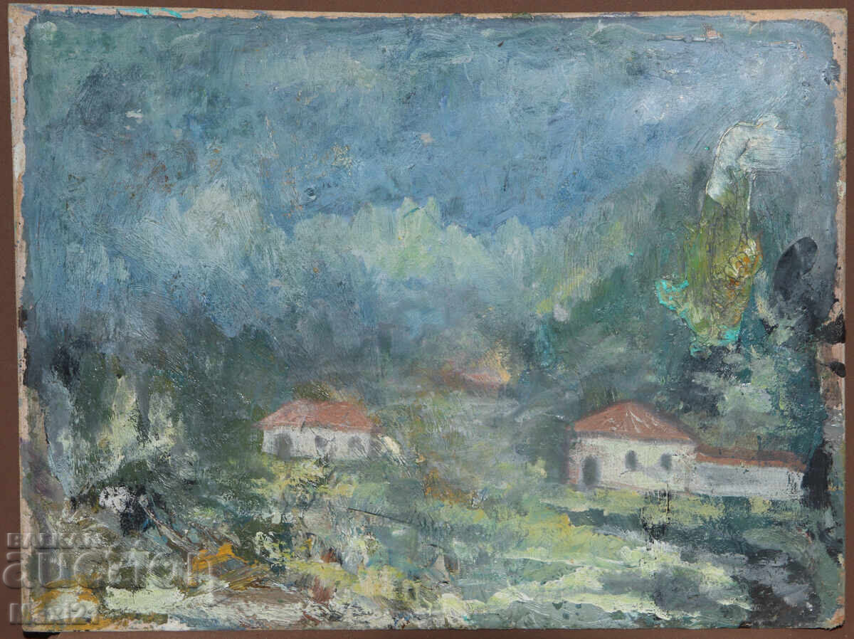 Pictură în ulei peisaj folcloric, case țărănești 1987 cu preț 220.00 BGN | € 112.48