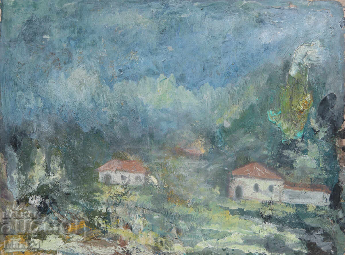 Licitație Pictură în ulei peisaj folcloric, case țărănești 1987