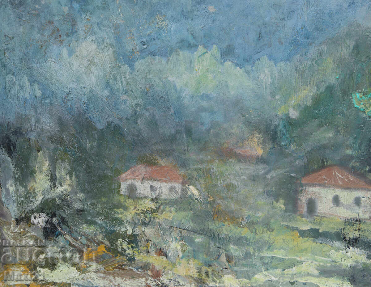 Pictură în ulei peisaj folcloric, case țărănești 1987 - 5