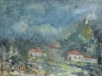 Oil painting folk landscape, village houses 1987