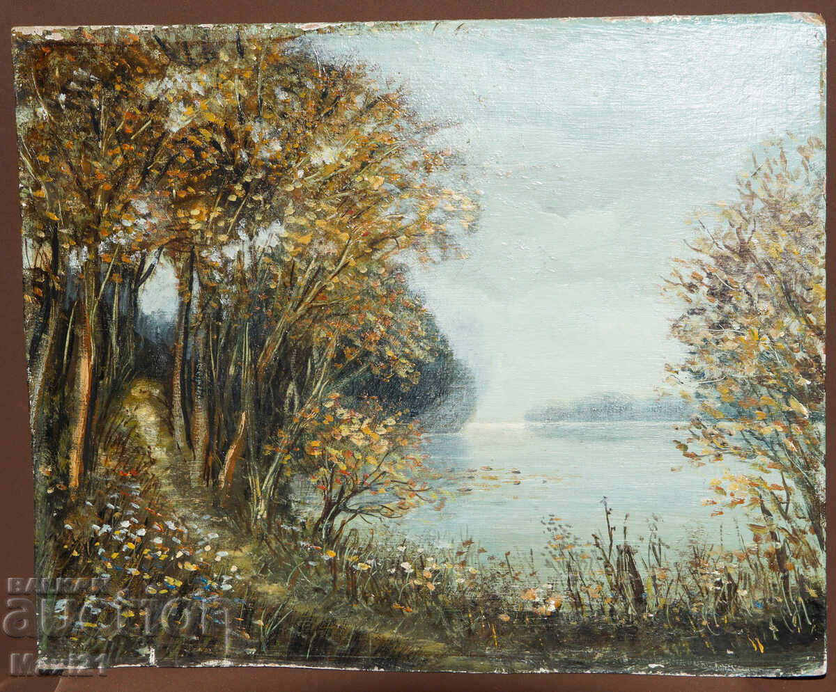 Tablou în ulei peisaj frumos, potecă de pădure lângă râu cu preț 110.00 BGN | € 56.24